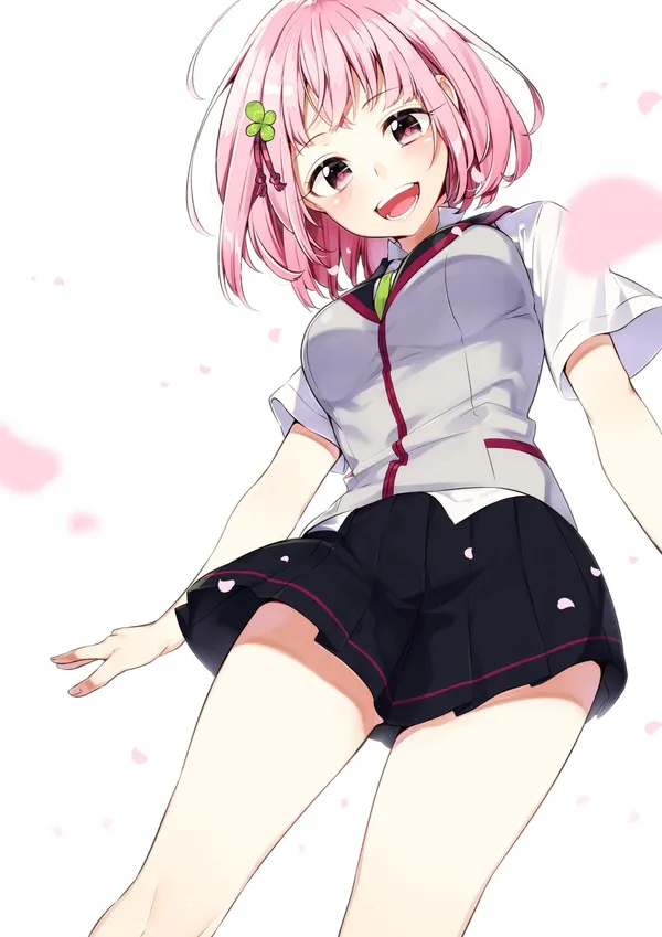 Smiling anime girl with pink hair and green eyes