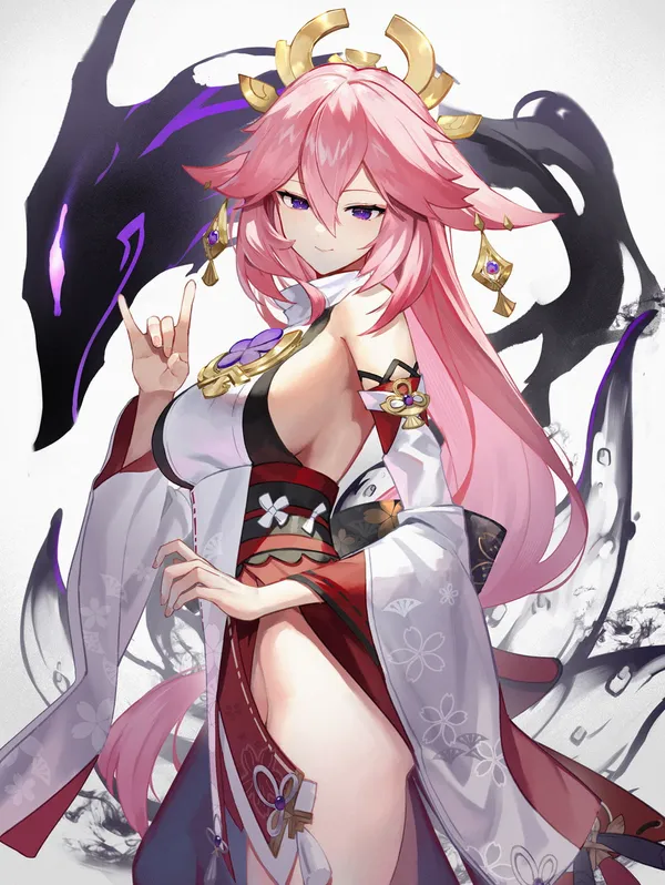 Smiling pink-haired anime girl making a hand gesture