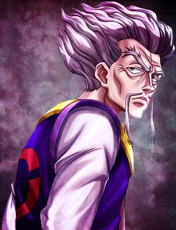 Stern looking old man with purple hair and a long white goatee