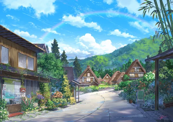 Street in a rural Japanese village with traditional houses and a rainbow in the sky