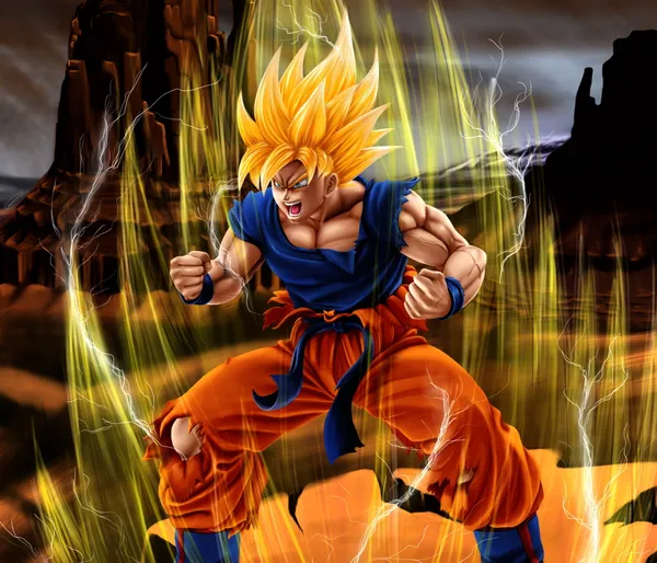 Super Saiyan Goku powers up in a rocky canyon