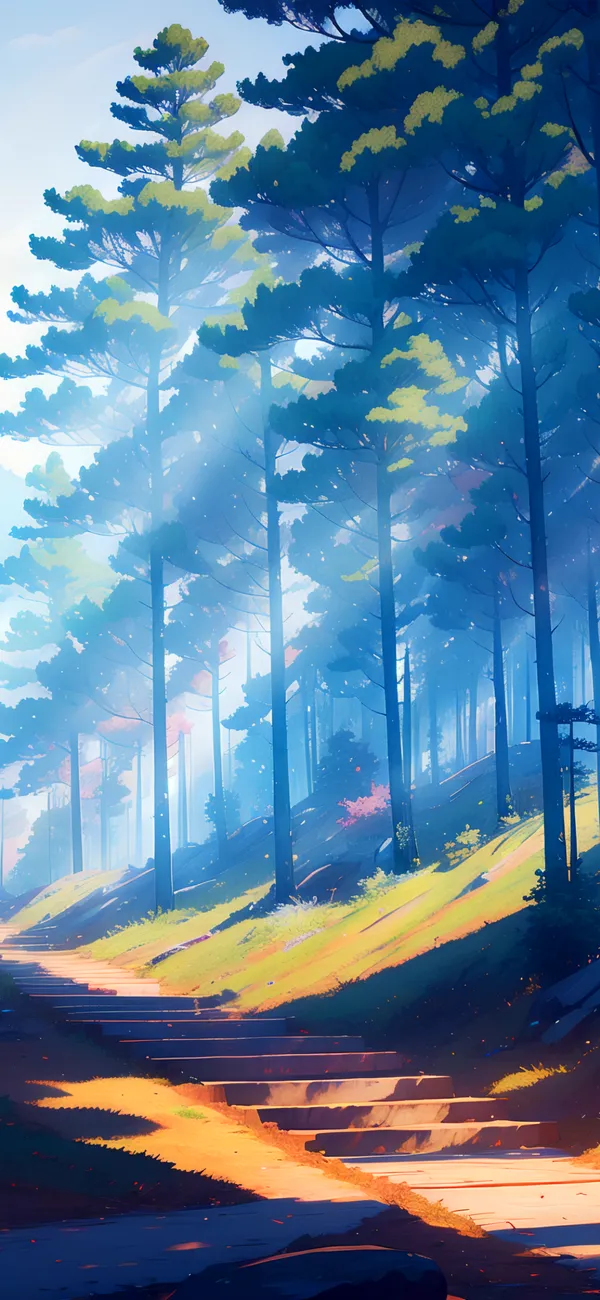 Tall pine forest with a path leading through it