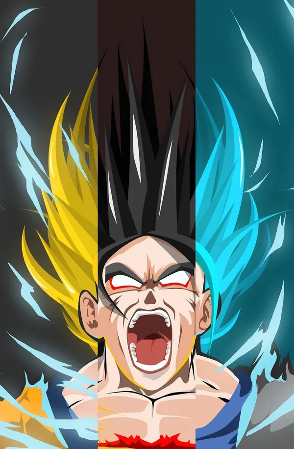The image shows an anime character, Goku, with different hair colors