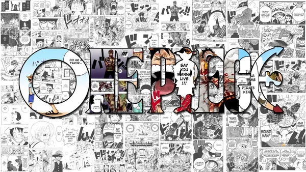 The photo contains a collage of manga panels from the One Piece series