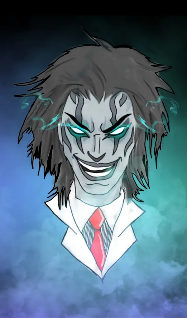 The photo is of an anime character with dark hair and red eyes. He is