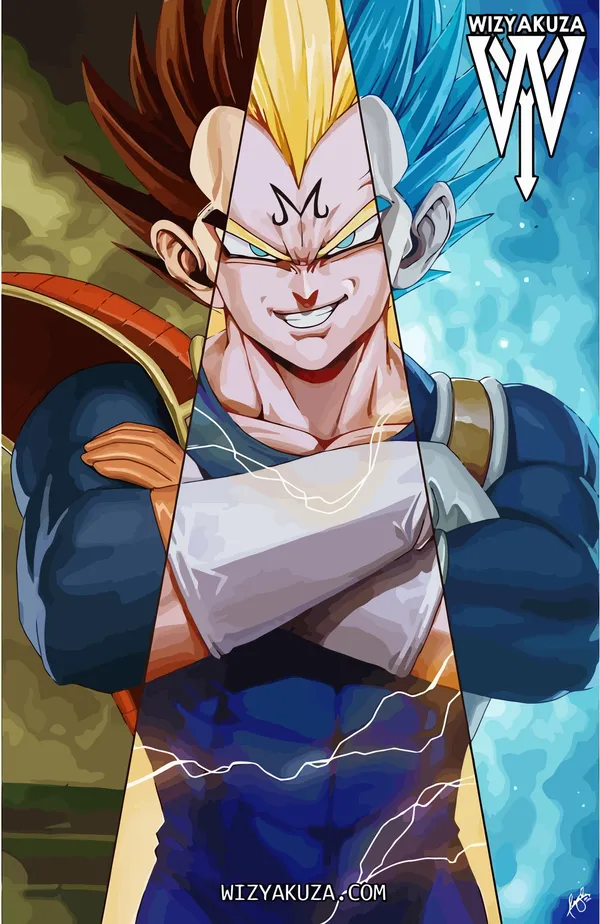 The photo shows Vegeta in three different forms