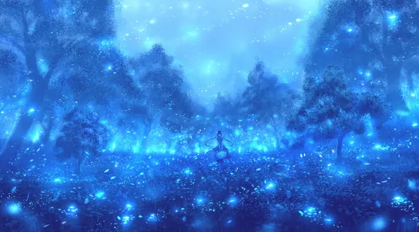 There is a girl in a blue dress in a field of blue flowers