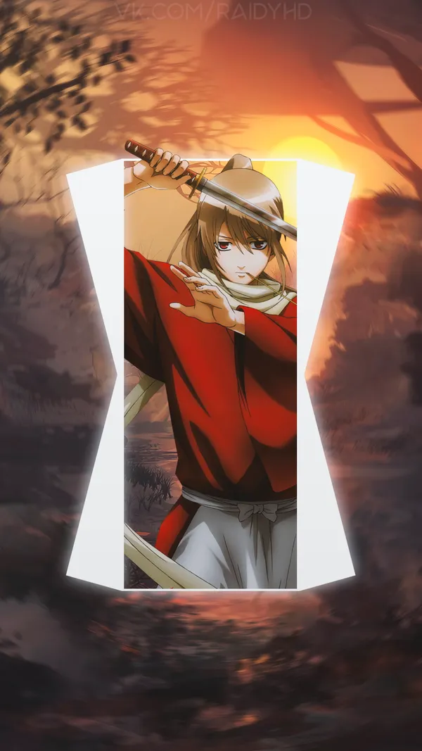 There is an anime character with a sword in front of a sunset