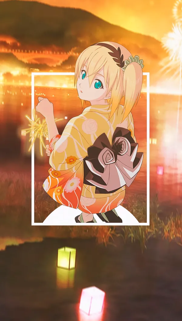 There is an anime girl in a kimono holding a sparkler
