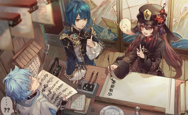 Three anime characters in a room, one is painting