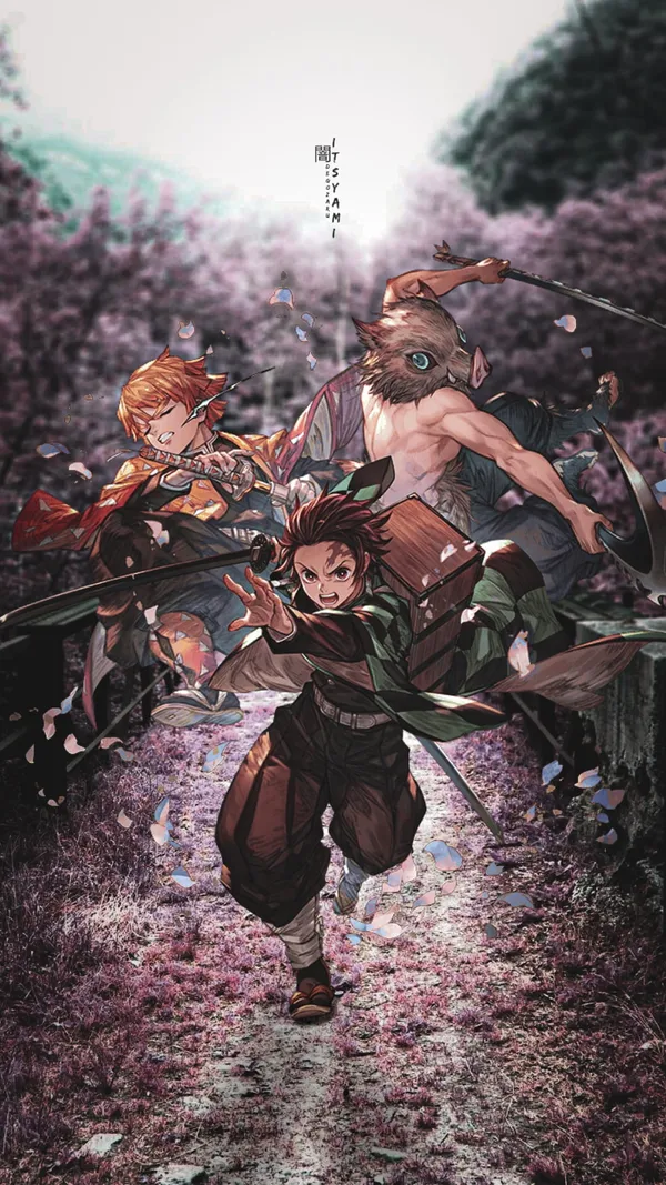 Three anime characters, Tanjiro, Nezuko, and Inosuke, are running in a forest