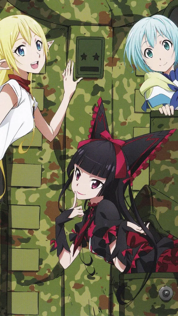 Three anime girls in front of a green wall
