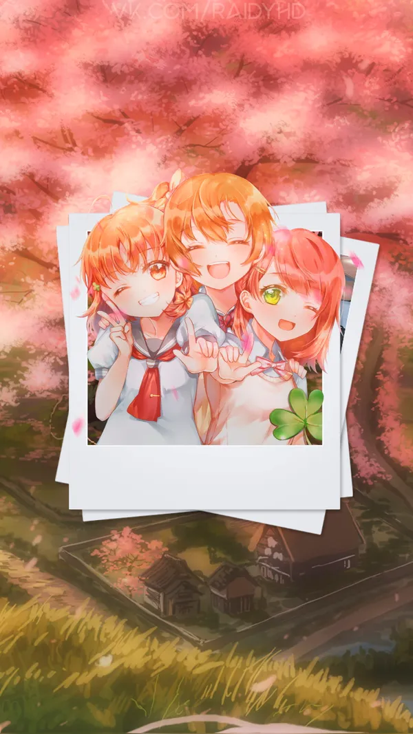 Three anime girls in school uniform smiling happily