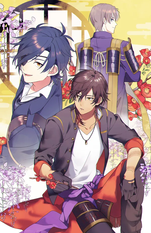 Three anime men with swords and flowers