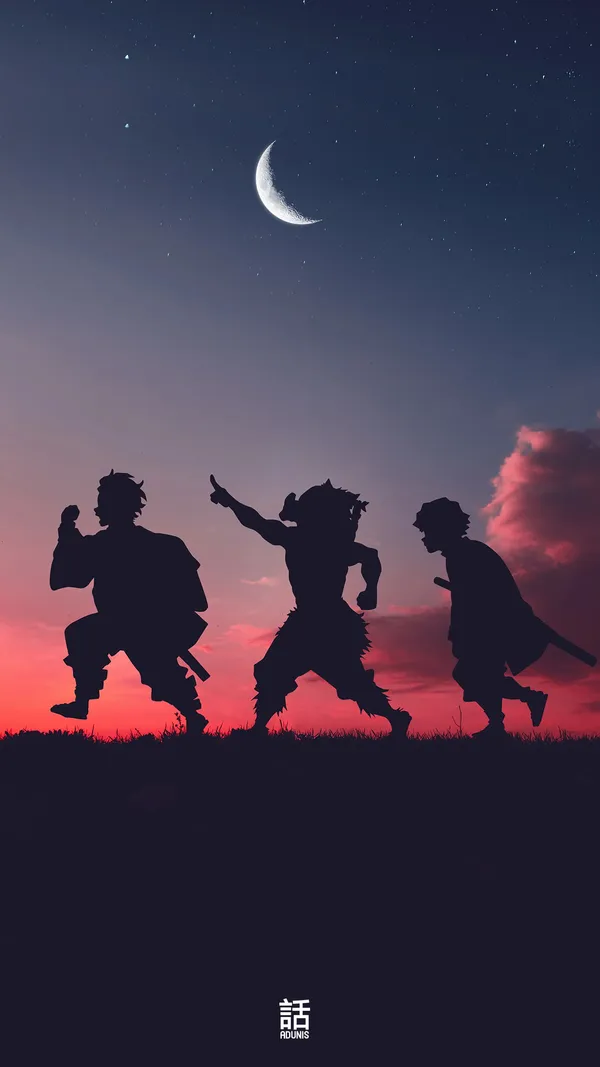 Three characters from the anime series "Kimetsu no Yaiba" are running in a field at