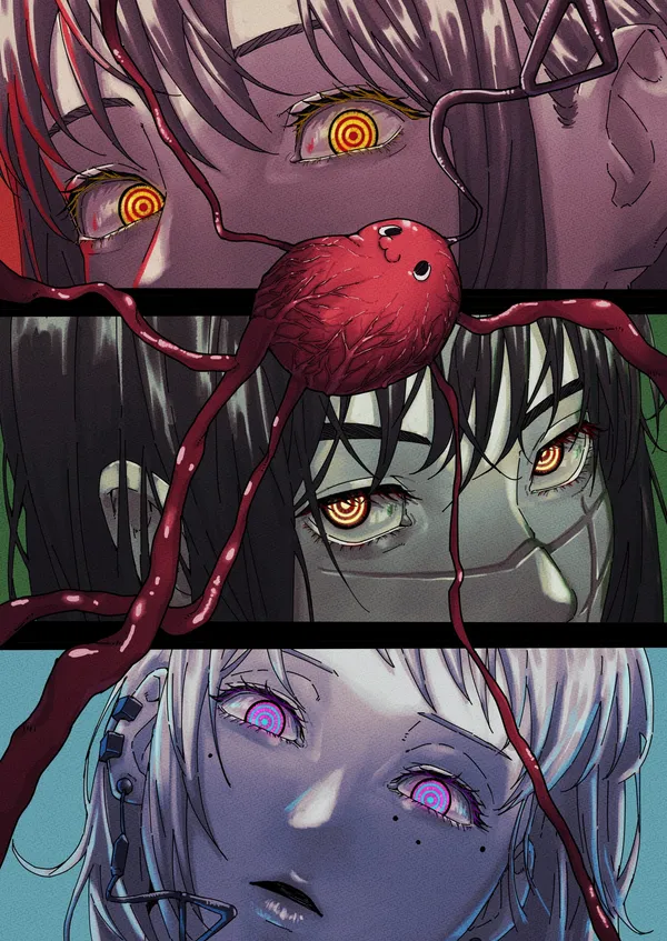 Three people with glowing eyes and a strange creature