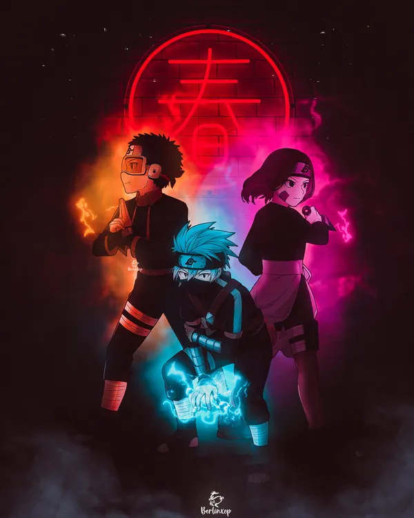 Three shinobi in a dark alley, surrounded by neon lights