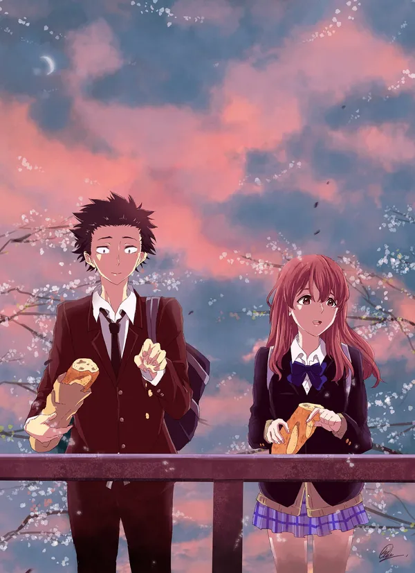 Two anime characters are eating bread on a bridge at sunset