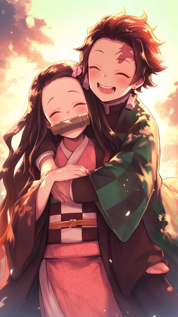 Two anime characters embracing, one wearing a pink kimono, the other green
