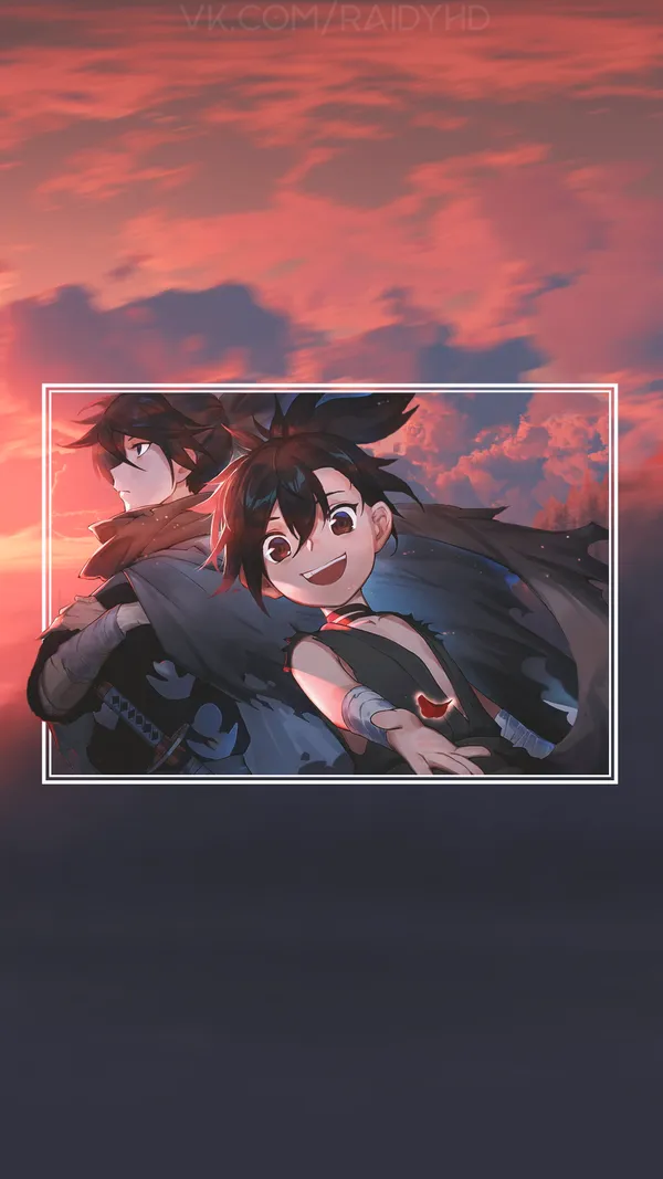 Two anime characters from Dororo with a red sky in the background