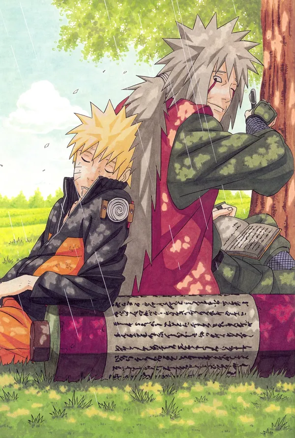 Two anime characters, Jiraiya and Naruto, are sitting against a tree reading