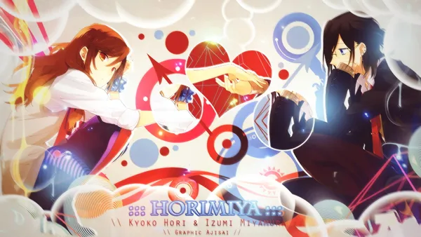 Two anime characters, Kyouko Hori and Izumi Miyamura, are holding hands