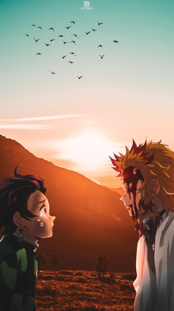 Two anime characters, Rengoku and Tanjiro, are standing in a field at sunset