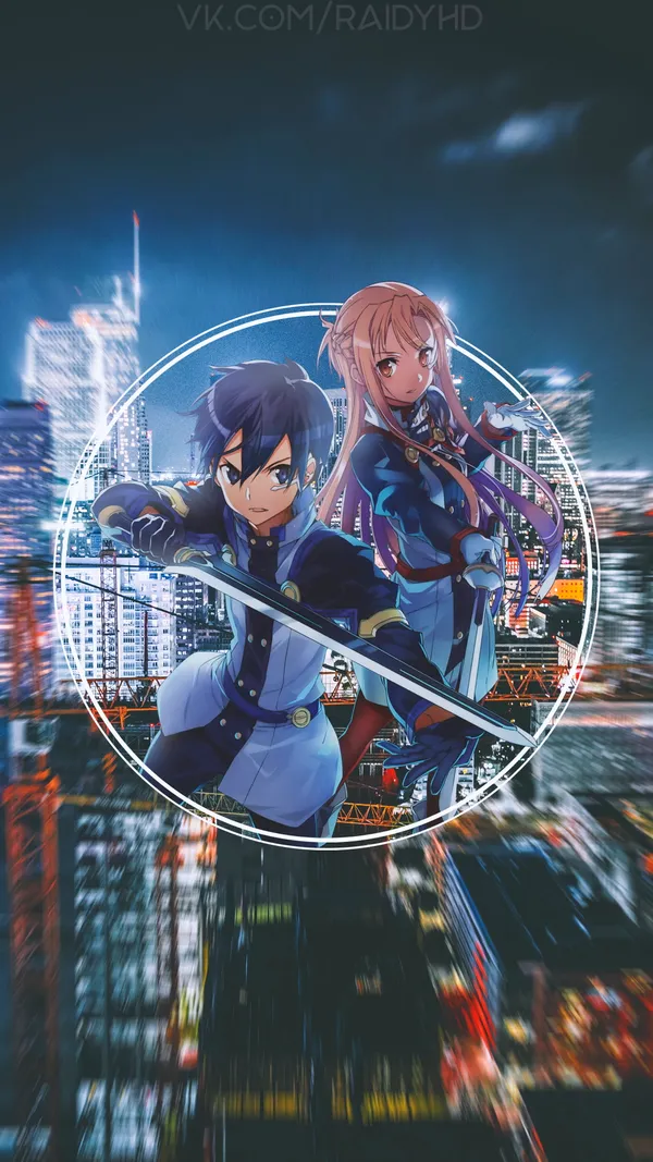 Two anime characters with swords in a futuristic city