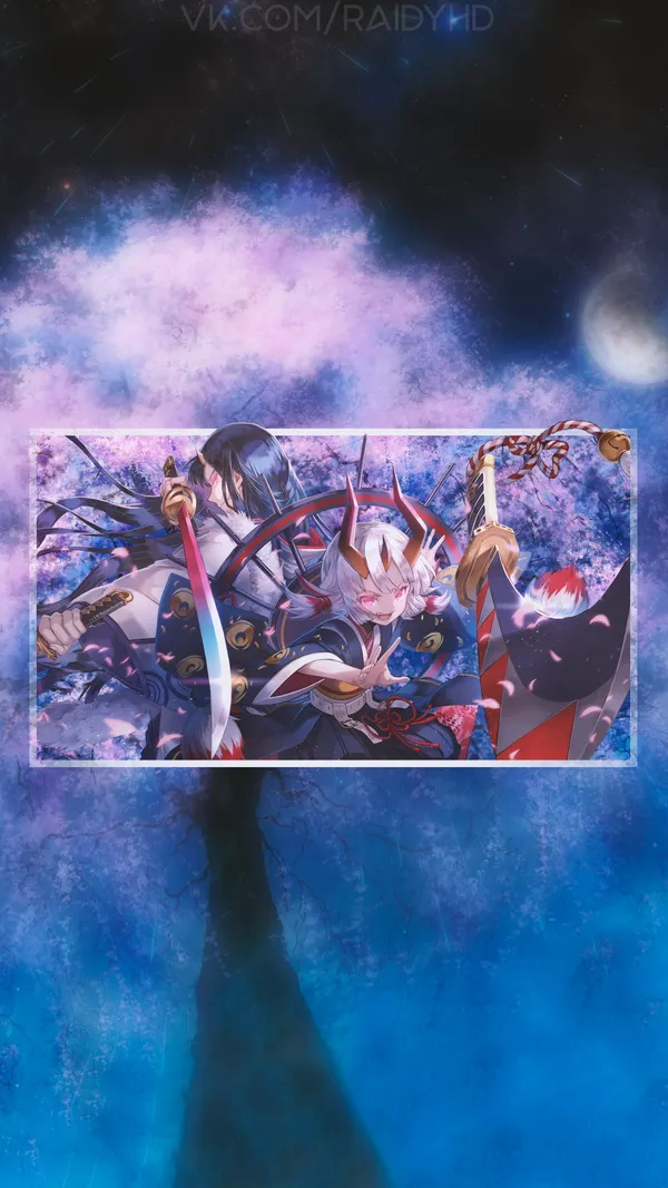 Two anime characters with swords under a pink and blue night sky