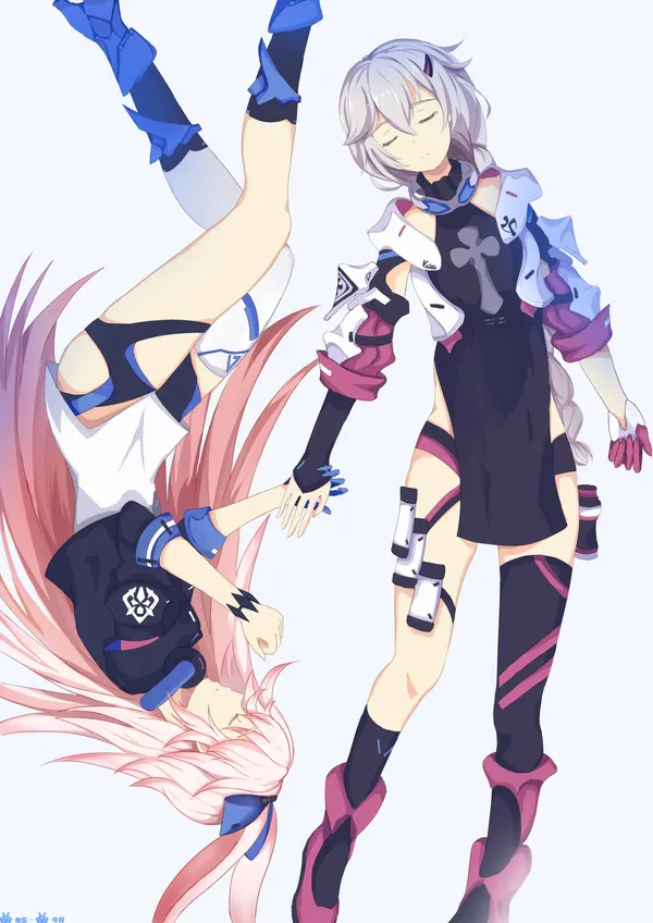Two anime girls are floating in opposite directions, holding hands