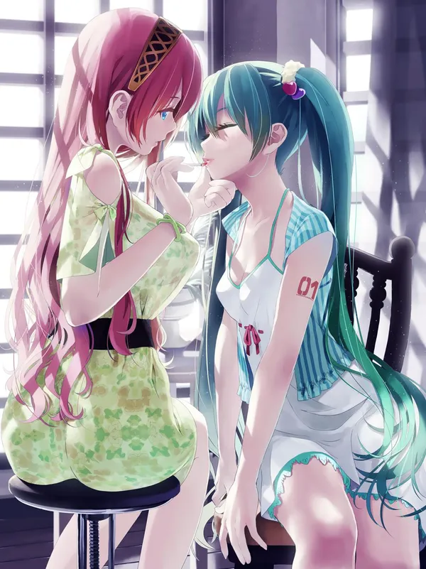 Two anime girls are sitting on chairs in a room