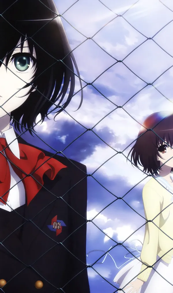 Two anime girls are standing behind a chain link fence