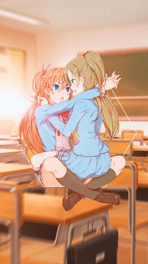 Two anime girls hugging in a classroom