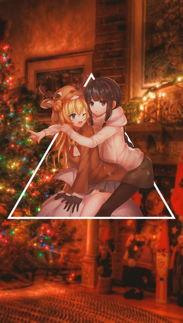 Two anime girls in a room decorated for Christmas