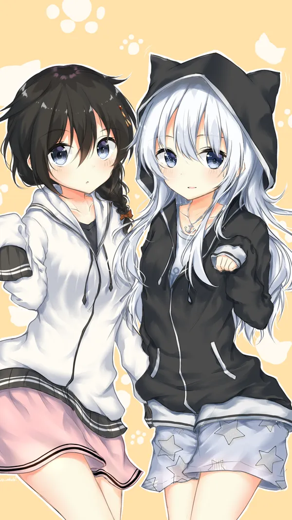 Two anime girls in cat hoodies are standing next to each other