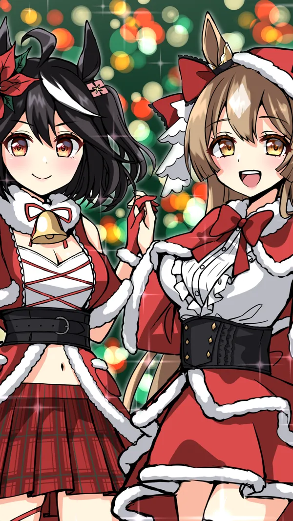 Two anime girls in Christmas outfits holding hands