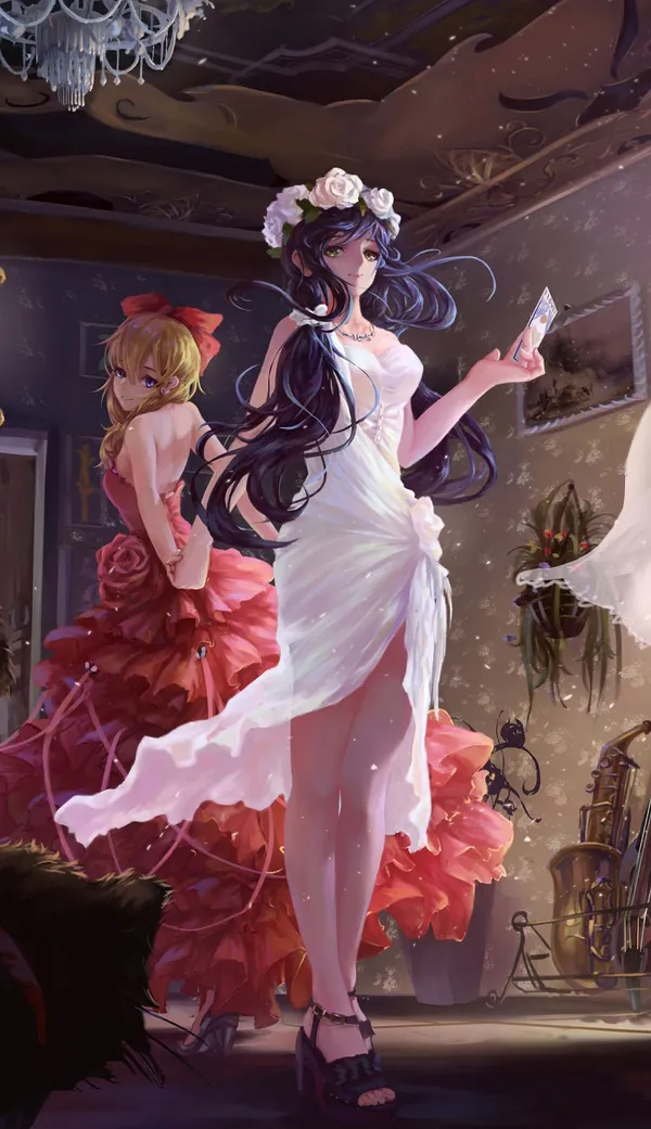 Two anime girls in evening gowns in a room with musical instruments