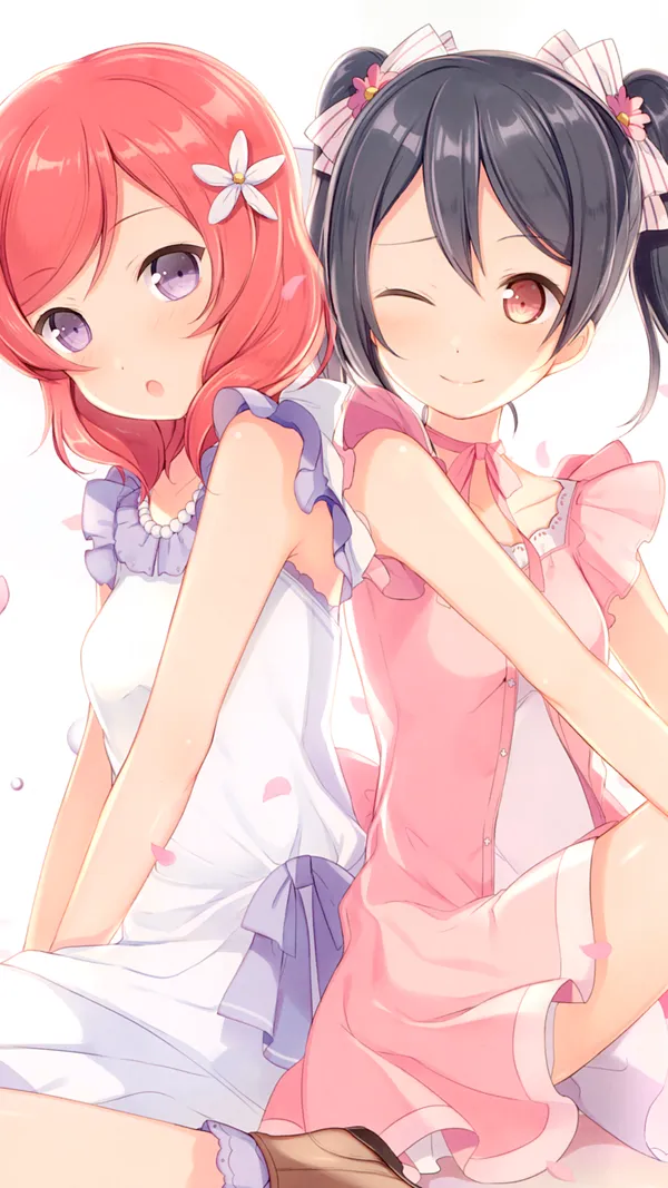 Two anime girls in pink and white dresses are sitting back-to-back