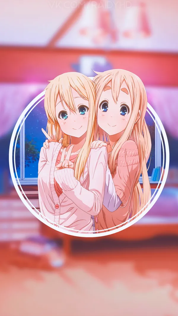 Two anime girls with blond hair and blue eyes are hugging