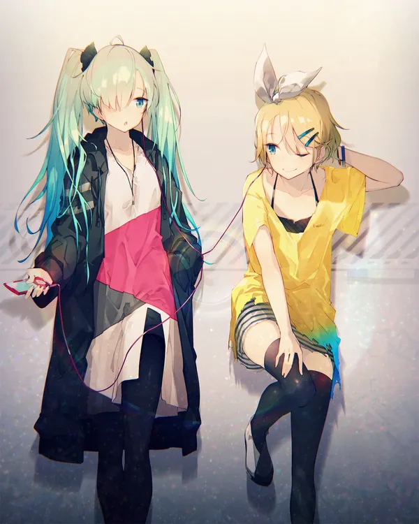 Two anime girls with long hair are sharing an earphone