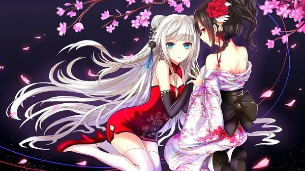 Two anime girls with long hair, one in red, one in white kimono