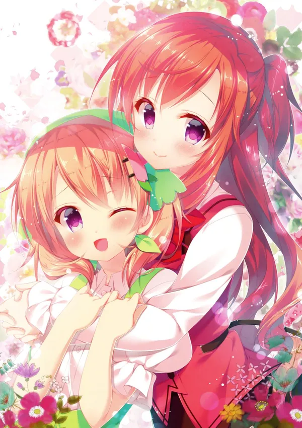 Two anime girls with long red and orange hair are hugging in a field of