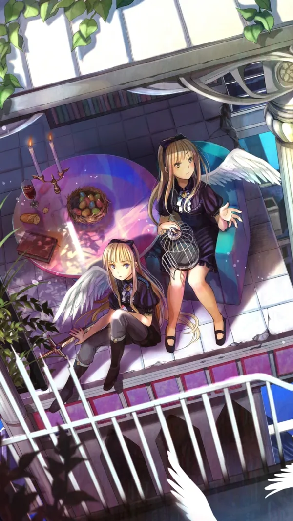 Two anime girls with wings are on a balcony