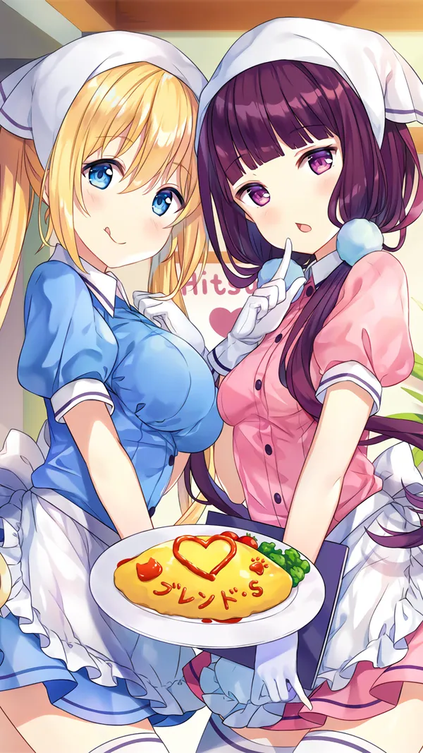 Two anime waitresses with an omelet