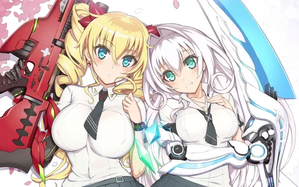 Two buxom anime girls in school uniforms with large weapons