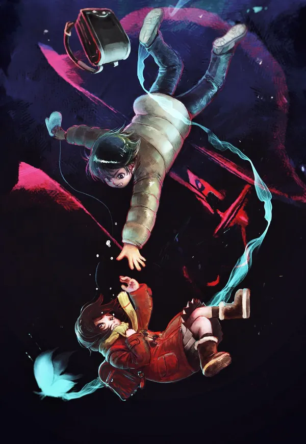 Two children are seemingly floating in a dark place