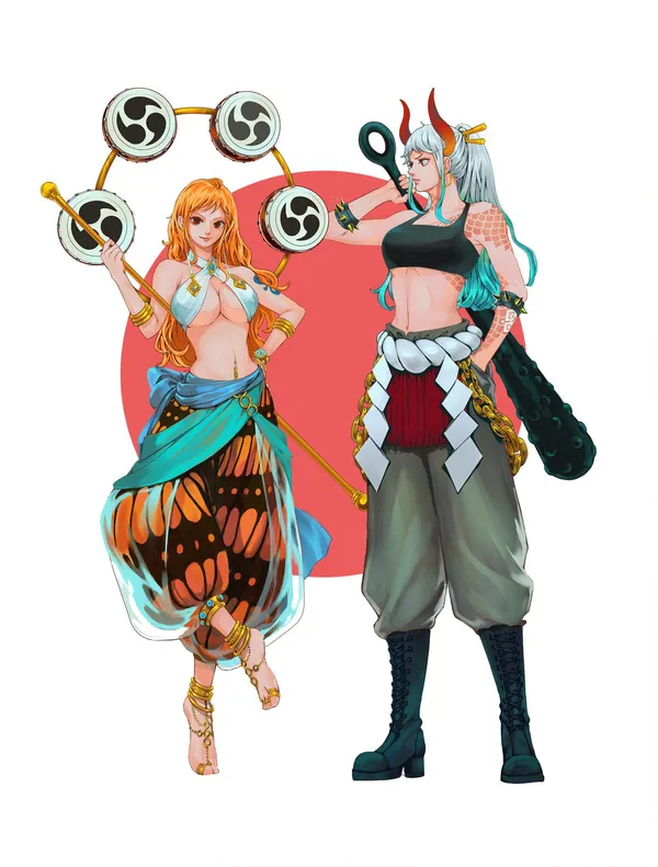 Two female characters from One Piece, Nami and Yamato