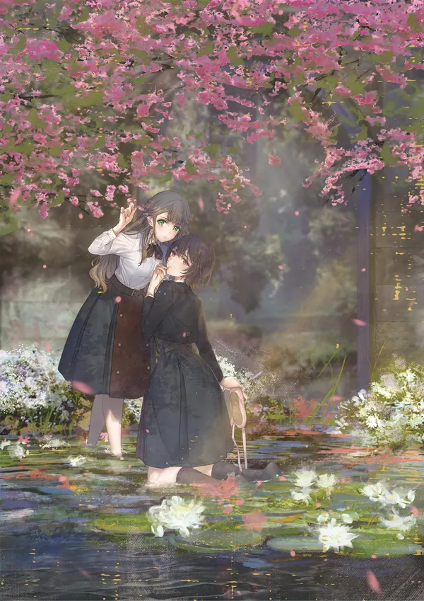 Two girls are admiring cherry blossoms while wading in a pond