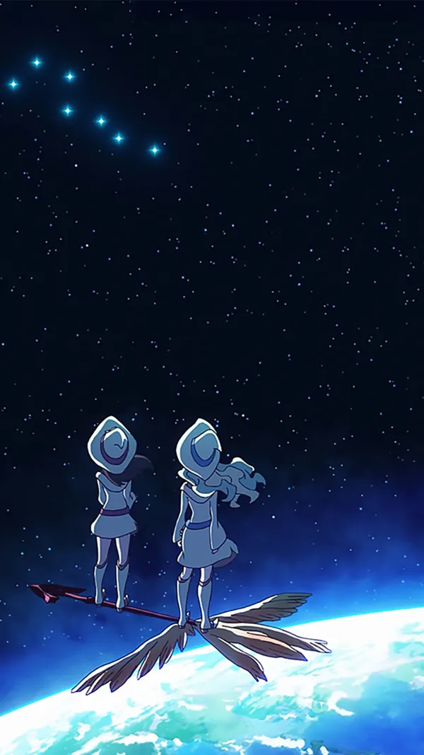 Two girls in white robes are flying on brooms in space