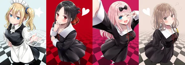 Two images of Kaguya-sama characters on a red and white checkered background